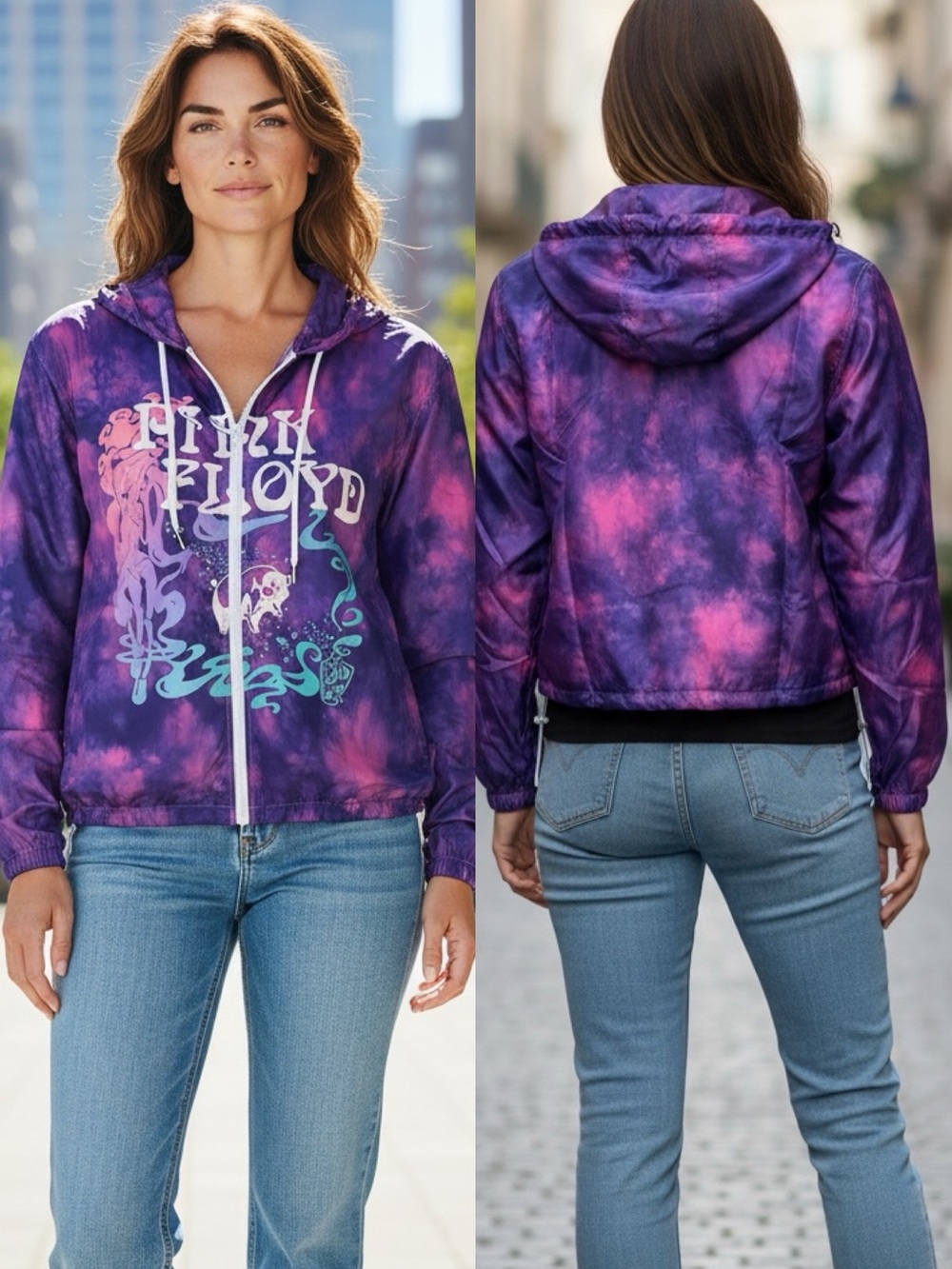 PINK FLOYD Tie Dye Windbreaker Hooded Jacket Size M